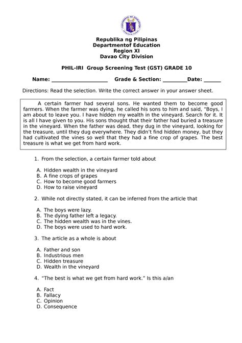 Phil IRI GST Grade 10 .